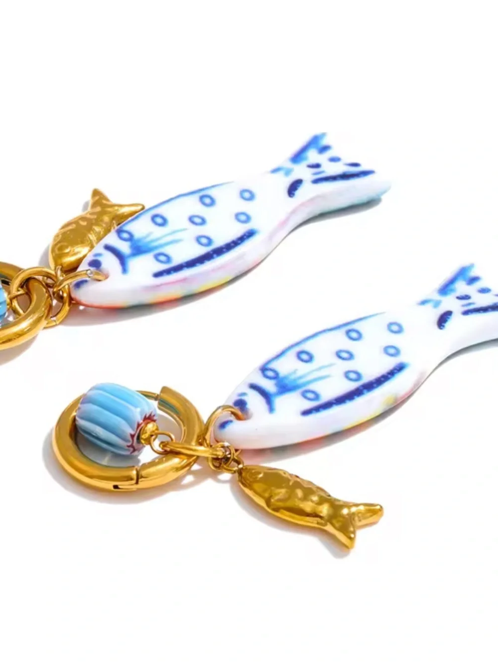 Amalfi Gold Fish Charm Blue Multicolor Ceramic Earrings